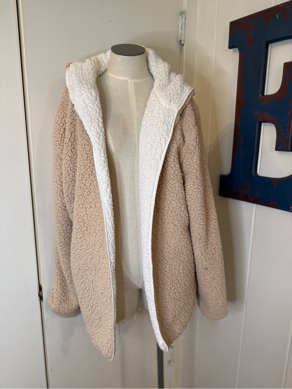 Zaful Beige and White Teddy Sherpa Hooded Jacket Sz L